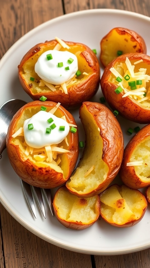 Air fryer baked potatoes topped with sour cream, cheese, and chives on a wooden table.